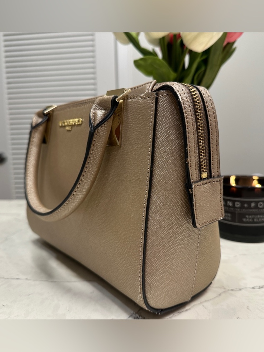 Karl Lagerfeld Paris Structured Satchel – Taupe with Gold Hardware - Picture 4 of 13